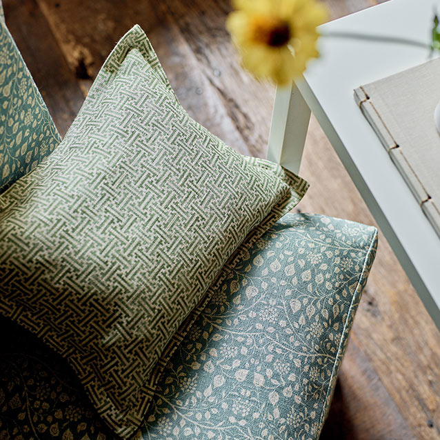 Scatter in RHS Gertrude Jekyll Lattice Green with Gertrude Jekyll Small Trailing Vine fabric detail